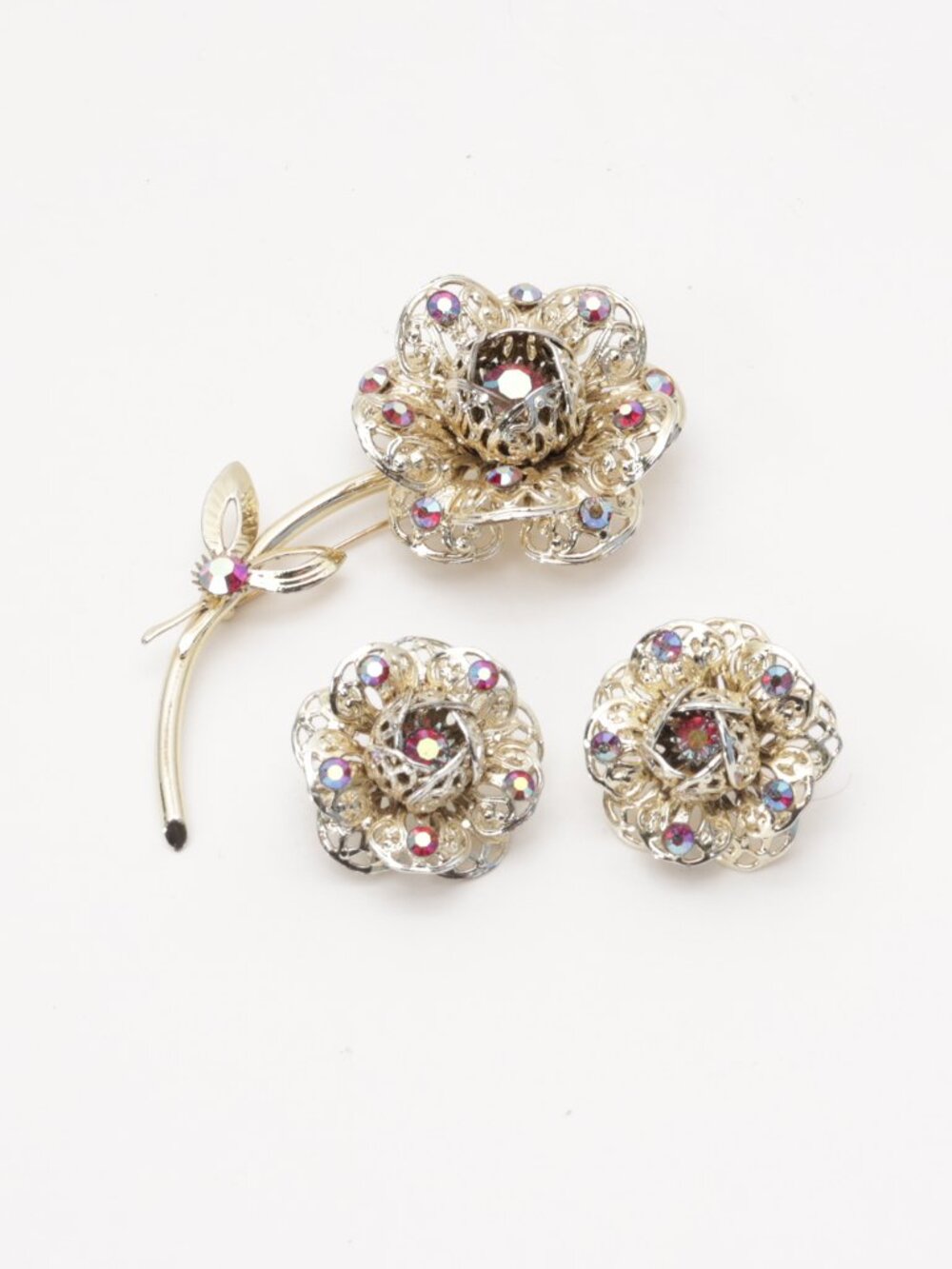 Vintage Sarah Coventry Fashion Flower Brooch Earrings Set 1961 AB Rhinestones